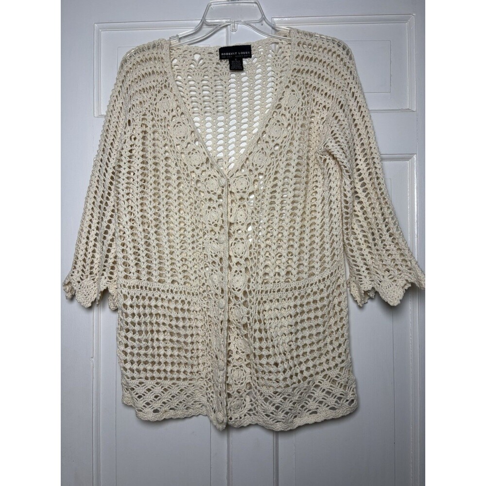 Robert Louis Hand Crochet Cream Open Cardigan Women’s S Western Hippie Boho